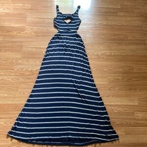 Blue and white striped maxi dress